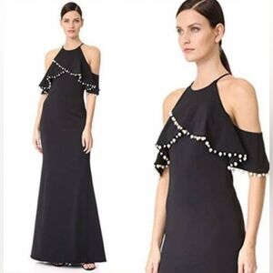 BADGLEY MISCHKA Women’s Black Maxi Long Dress SIZE 0 Ruffle Pearls